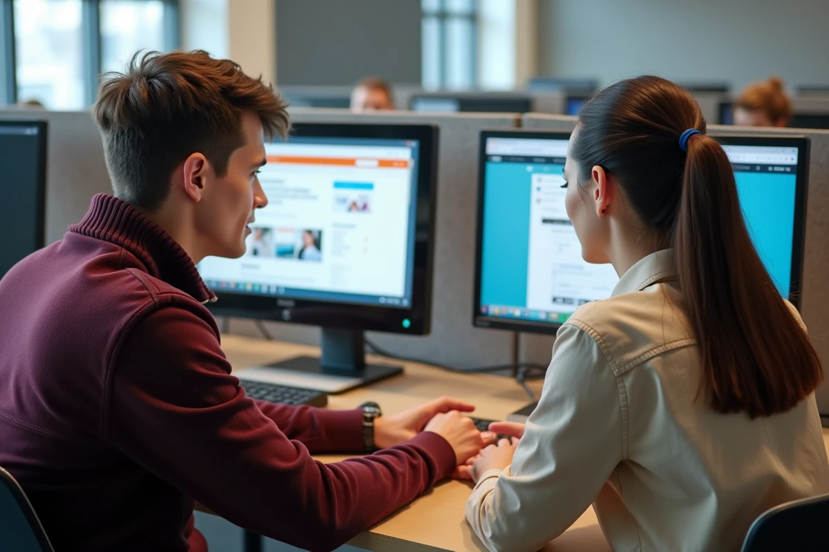 Deux étudiants comparant l'ENT Bordeaux INP et Moodle côte à côte sur un ordinateur en salle informatique universitaire