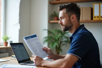 Artisan comparant les prix d'une formation travaux en ligne versus un centre de formation local, assis à un bureau avec des brochures et un ordinateur portable