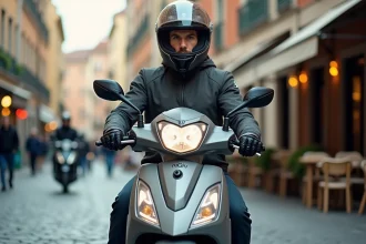 Homme de 30 ans équipé d'un casque intégral et d'une veste moto homologuée, assis sur un scooter 125cc dans une rue européenne pavée