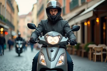 Homme de 30 ans équipé d'un casque intégral et d'une veste moto homologuée, assis sur un scooter 125cc dans une rue européenne pavée