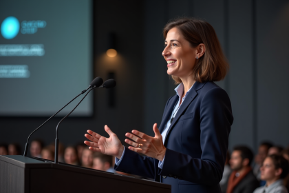 Femme confiante parlant lors d'une conférence en auditorium