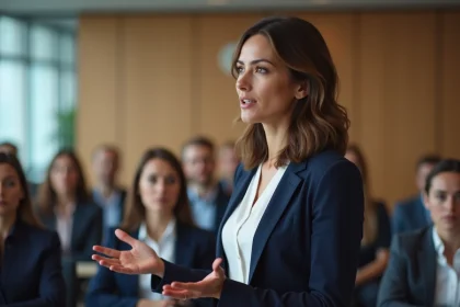 Femme confiante en réunion d'affaires en salle moderne