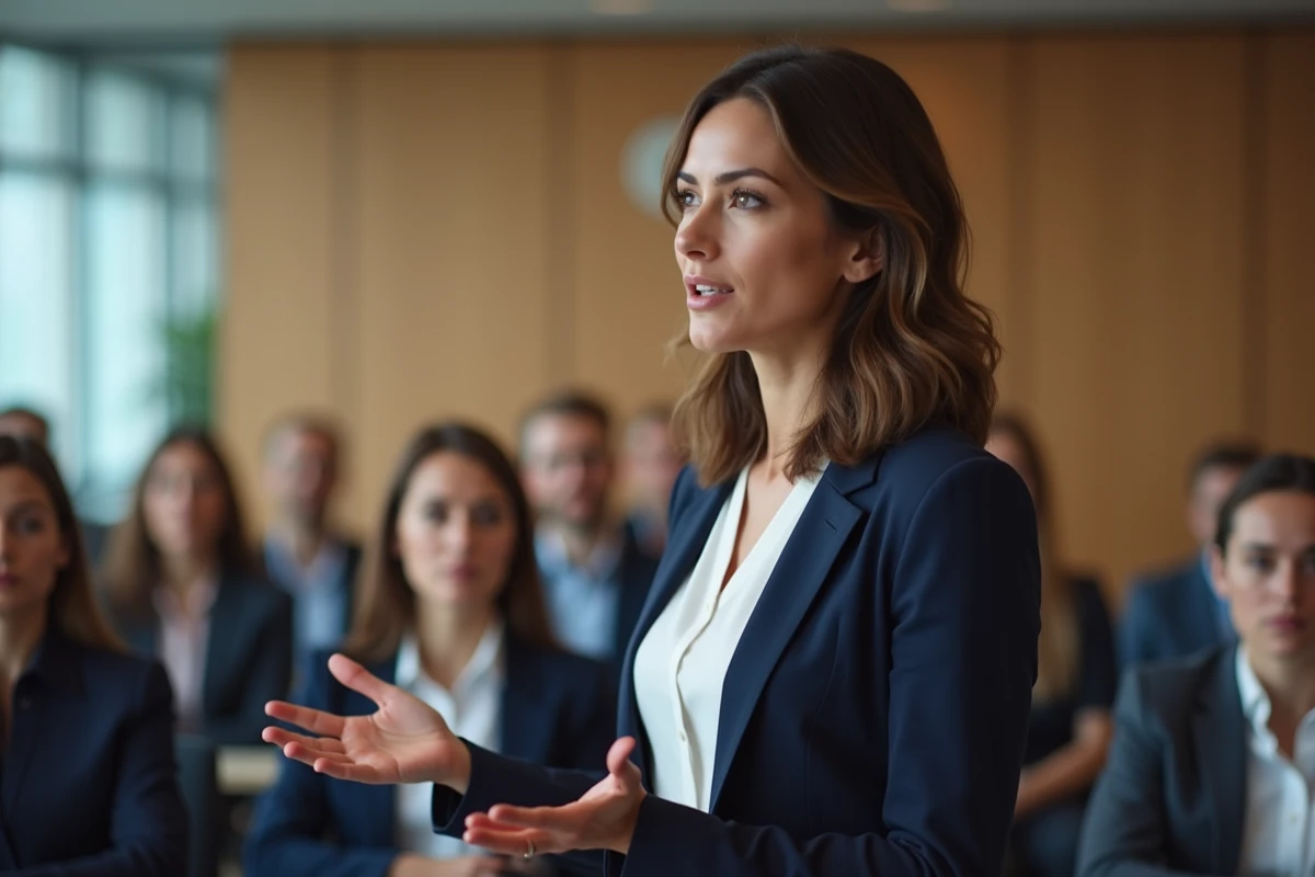 Femme confiante en réunion d'affaires en salle moderne