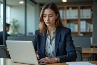 Étudiante connectée à l'ENT Centrale Marseille sur un ordinateur portable dans un bureau universitaire moderne