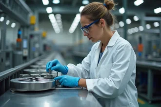 Contrôleuse qualité en blouse blanche inspectant une pièce métallique dans une usine industrielle