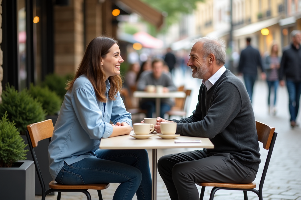 Jeune femme et homme âgé discutant dans un café en ville