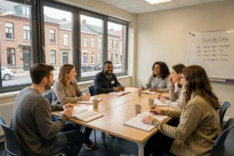 Groupe d'adultes suivant un cours d'anglais dans une école de langues du Pas-de-Calais