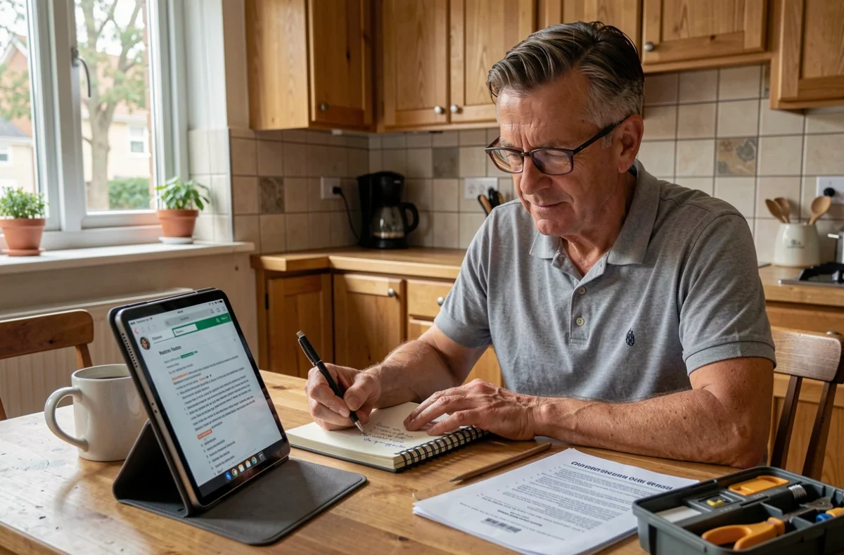 Homme mature prenant des notes manuscrites en suivant un cours de bricolage en ligne sur tablette dans une cuisine moderne