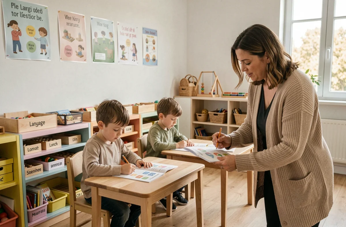 Intérieur d'une salle de classe Montessori du CRE Montessori à Maurepas avec des enfants travaillant individuellement sous la guidance d'une éducatrice