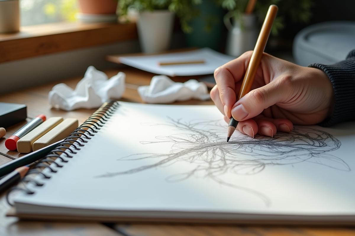 Main d'artiste esquissant dans un carnet grand format