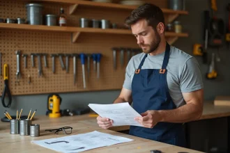 Débutant en bricolage consultant une fiche d'instructions dans un atelier maison bien rangé