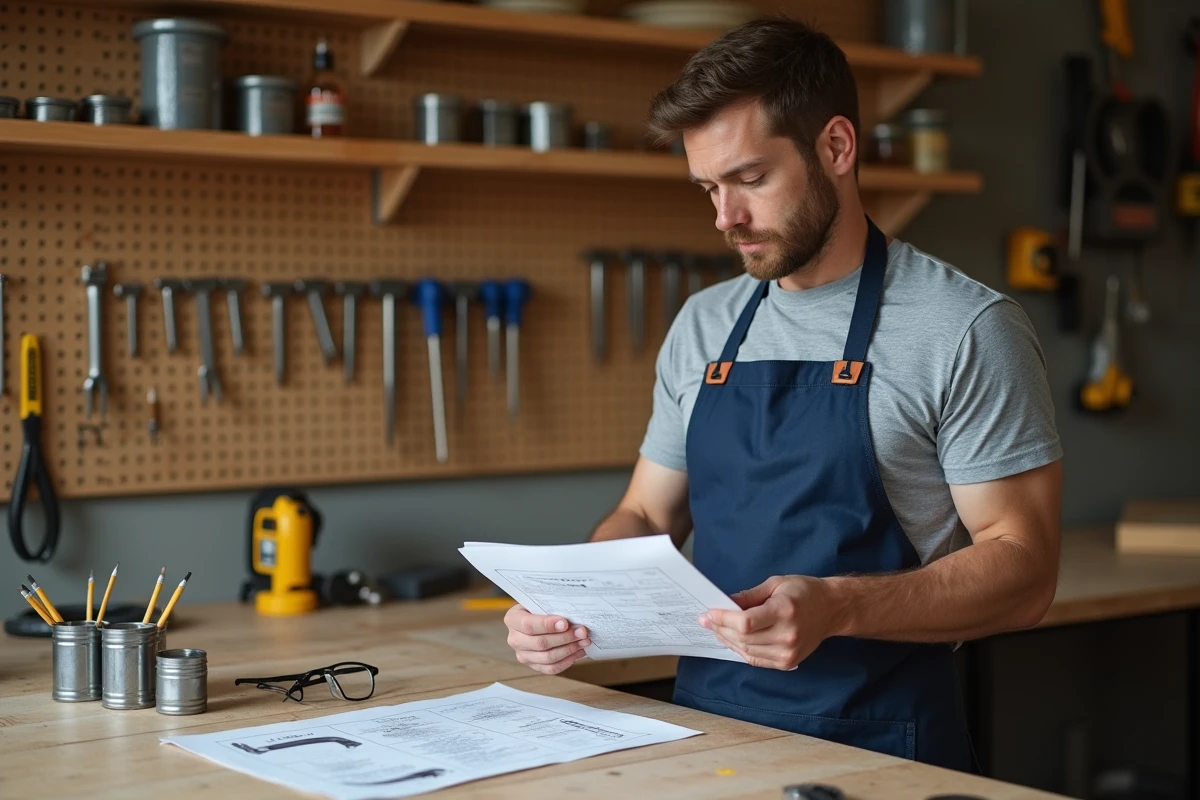 Débutant en bricolage consultant une fiche d'instructions dans un atelier maison bien rangé