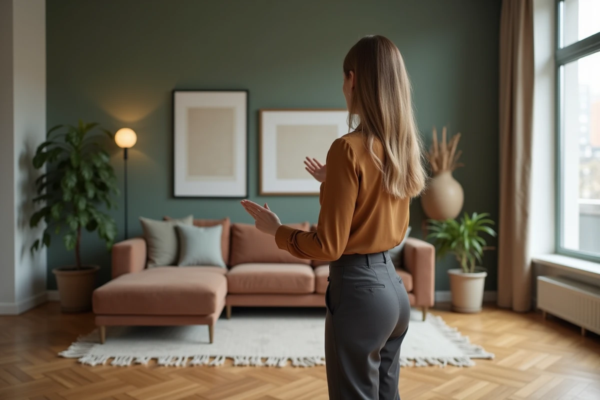 Décoratrice d'intérieur diplômée présentant un appartement aménagé avec soin, illustrant le débouché professionnel et le salaire après formation