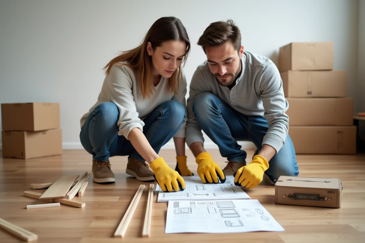 Deux débutants en bricolage assemblant des meubles en suivant un guide d'instructions dans un salon