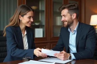 Femme en blazer remet une lettre à un homme au bureau