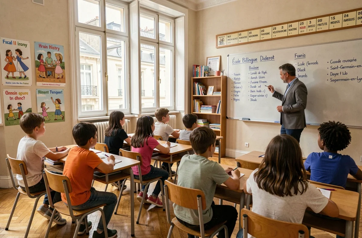 Salle de classe de l'École Bilingue Diderot à Saint-Germain-en-Laye avec un enseignant et des élèves devant un tableau blanc bilingue