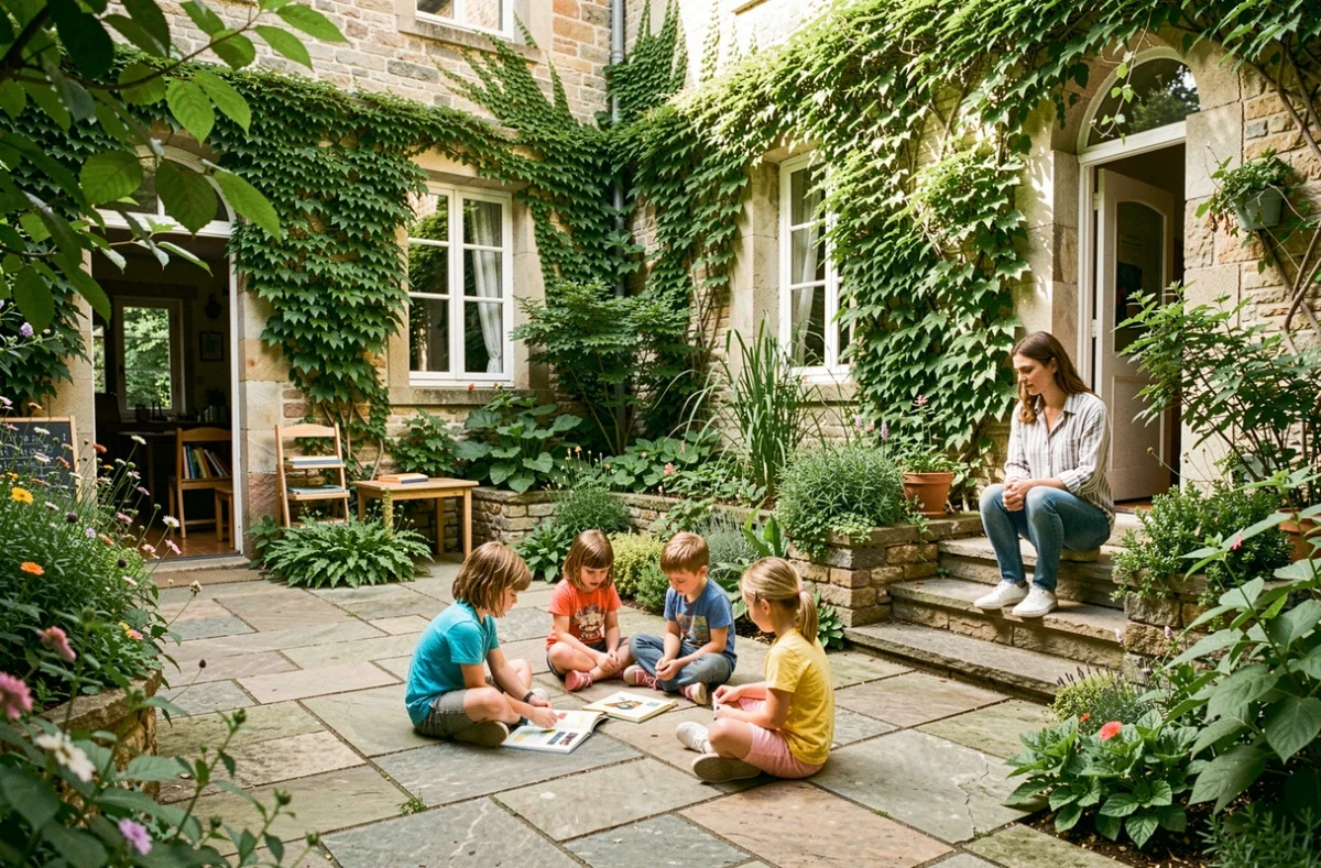 Cour extérieure de l'École Bilingue Montessori Academy à Louveciennes avec des enfants jouant sur une terrasse en pierre entourée de verdure