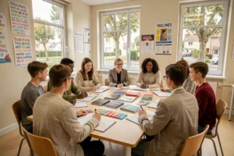 Groupe d'élèves et d'adultes dans une école de langues des Yvelines, entourés de livres bilingues et de fiches de vocabulaire colorées