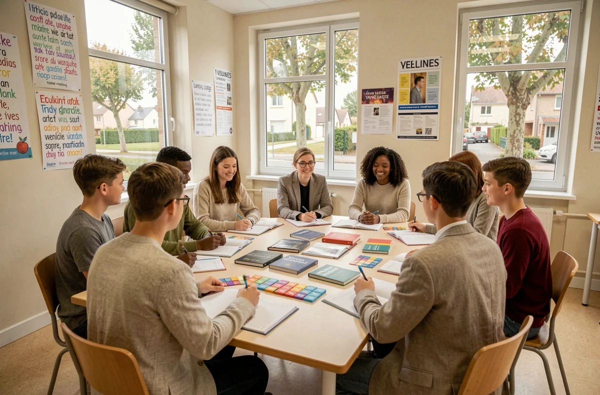 Groupe d'élèves et d'adultes dans une école de langues des Yvelines, entourés de livres bilingues et de fiches de vocabulaire colorées