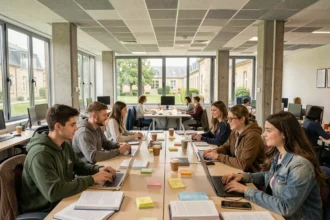Étudiants en informatique travaillant sur des ordinateurs portables dans une salle de cours moderne d'une école normande