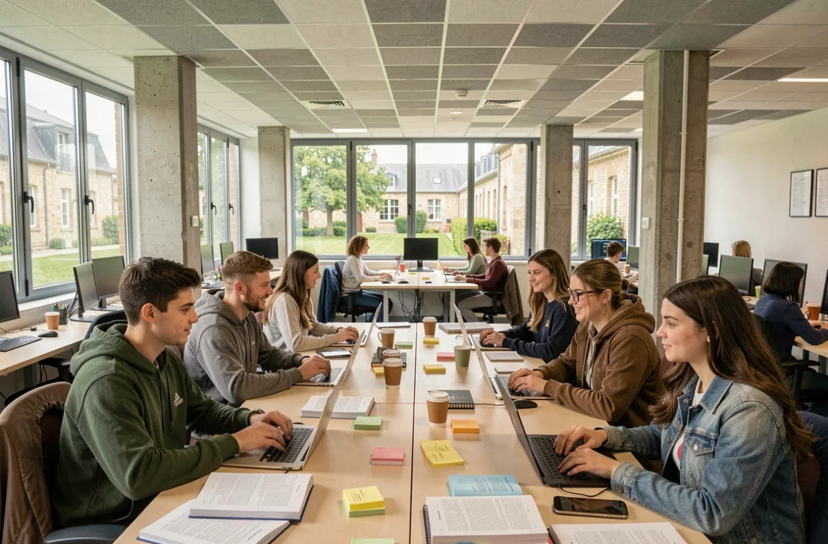 Étudiants en informatique travaillant sur des ordinateurs portables dans une salle de cours moderne d'une école normande