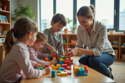 Une éducatrice aide des enfants à jouer avec des blocs colorés en classe