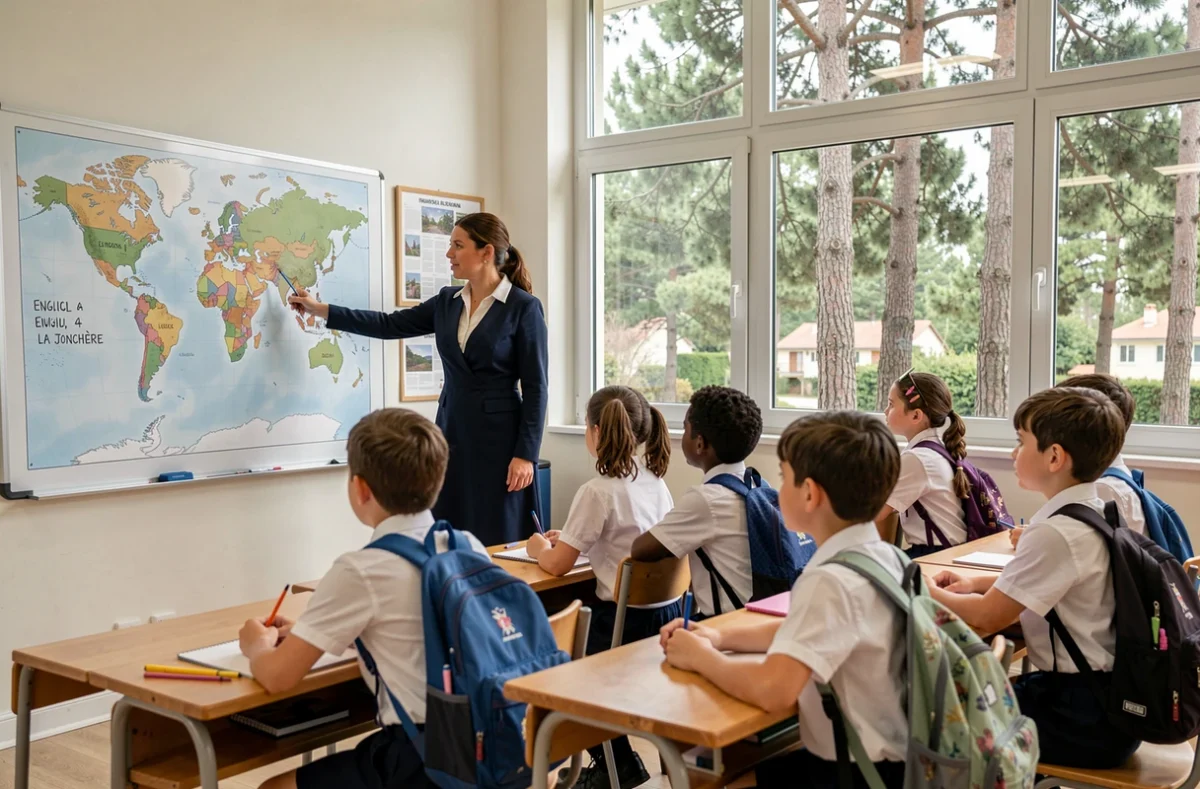 Salle de classe bilingue de l'École Internationale Bilingue de La Jonchère avec une enseignante et des élèves en uniforme devant une carte illustrée