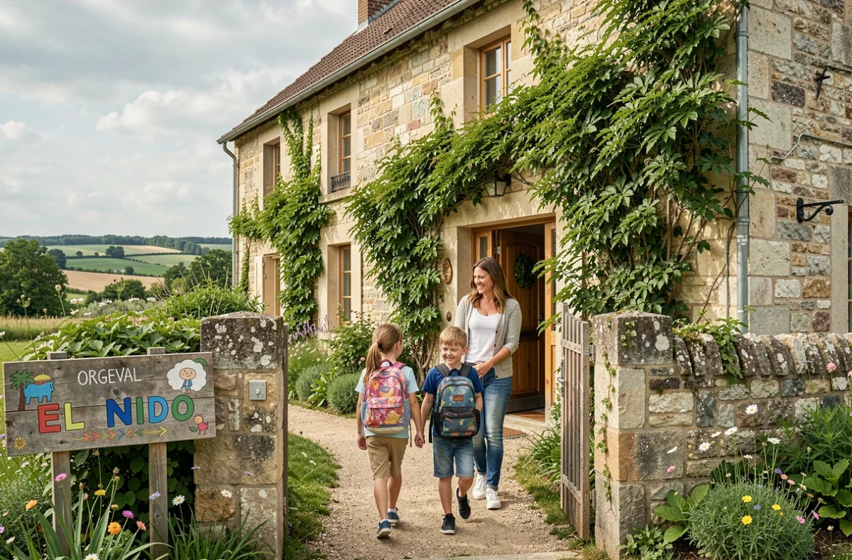 Entrée de l'école Montessori bilingue El Nido à Orgeval, une maison en pierre avec panneau en bois et enfants arrivant à l'école