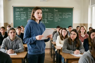 Élève déléguée faisant son discours devant la classe dans une salle de cours