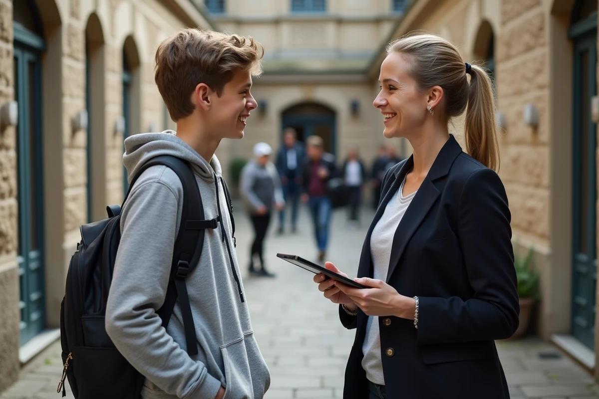 Élève et enseignante discutant devant l'entrée d'un collège en Normandie