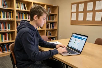 Élève de collège utilisant l'ENT Cholet sur un ordinateur portable dans une bibliothèque scolaire moderne