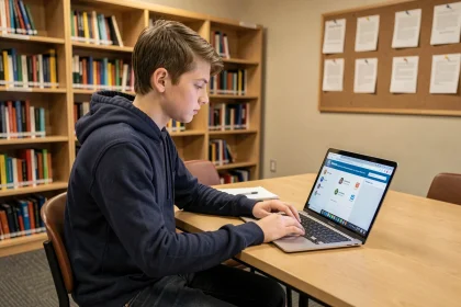 Élève de collège utilisant l'ENT Cholet sur un ordinateur portable dans une bibliothèque scolaire moderne