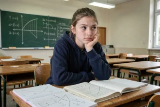 Élève de collège ou lycée perplexe face à des courbes de fonctions réciproques sur ses cahiers de mathématiques