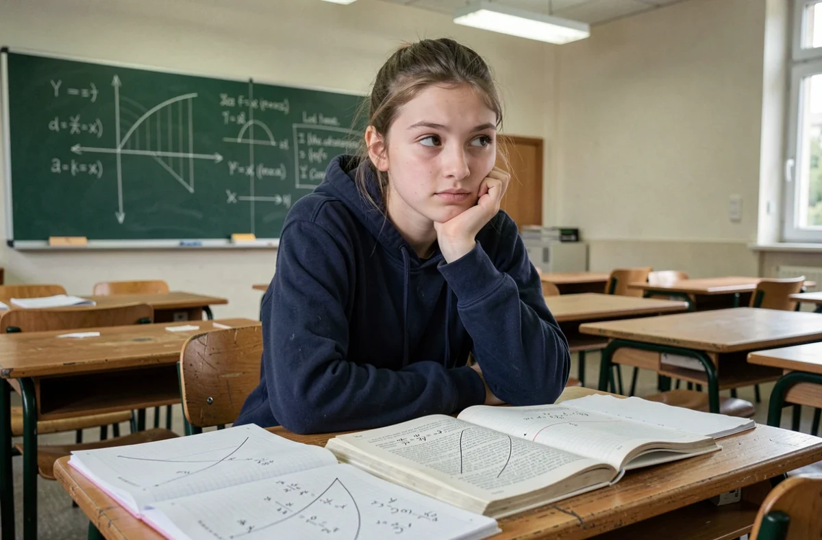 Élève de collège ou lycée perplexe face à des courbes de fonctions réciproques sur ses cahiers de mathématiques