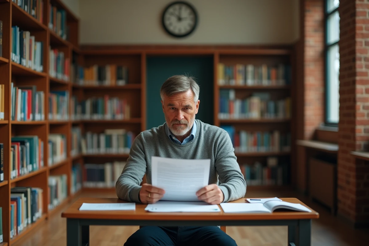 Enseignant lisant un document officiel de réforme éducative dans une bibliothèque scolaire, en lien avec la fin du Pacte enseignant 2026