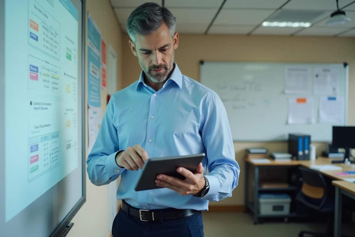 Enseignant vérifiant la messagerie et l'emploi du temps de ses classes sur une tablette dans la salle des professeurs