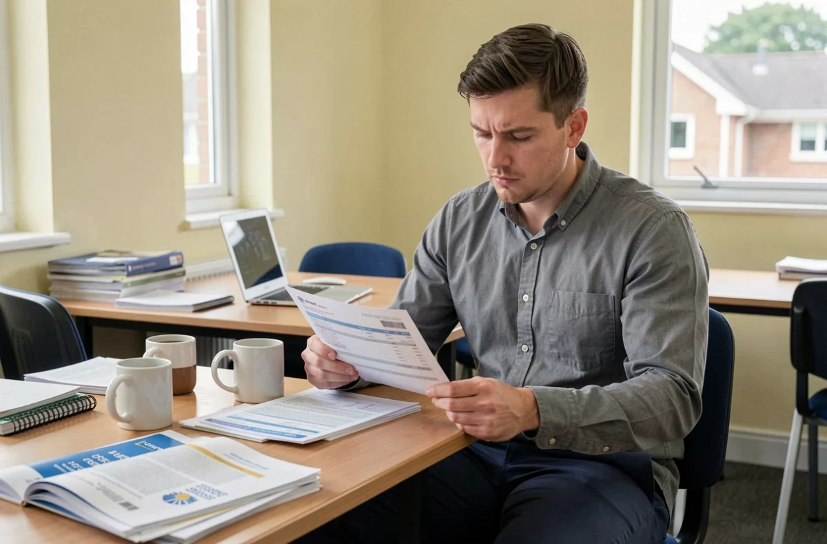 Instituteur en début de carrière consultant sa fiche de paie dans la salle des professeurs, évoquant la question du salaire dans l'enseignement primaire public