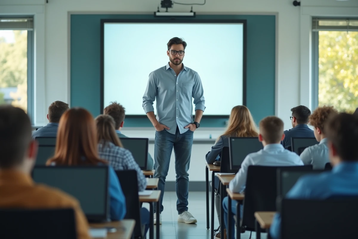 Jeune professeur avec tableau interactif dans salle informatique
