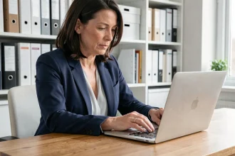 Une enseignante consulte son dossier IProf ac Montpellier sur son ordinateur portable dans un bureau à domicile organisé