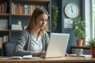 Femme en classe moderne crée une leçon en ligne