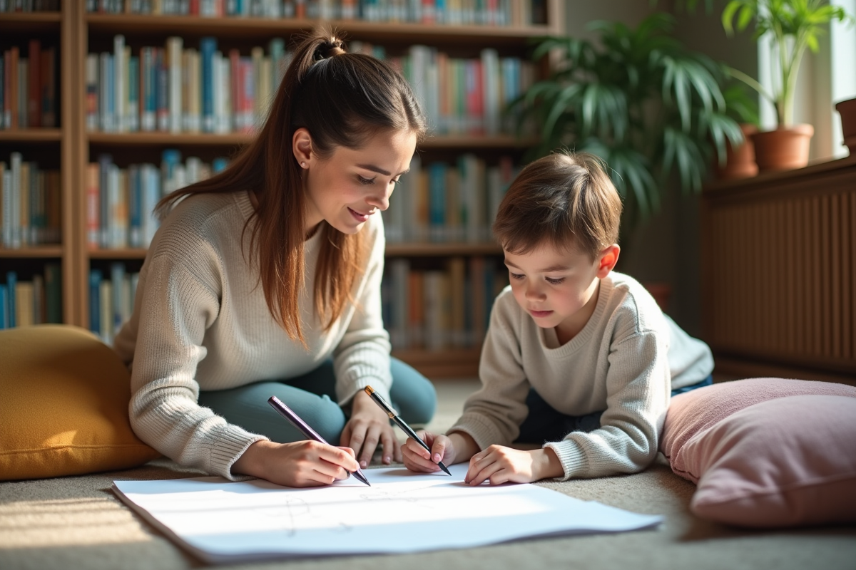 Femme enseignant aidant un garçon à dessiner dans la bibliothèque