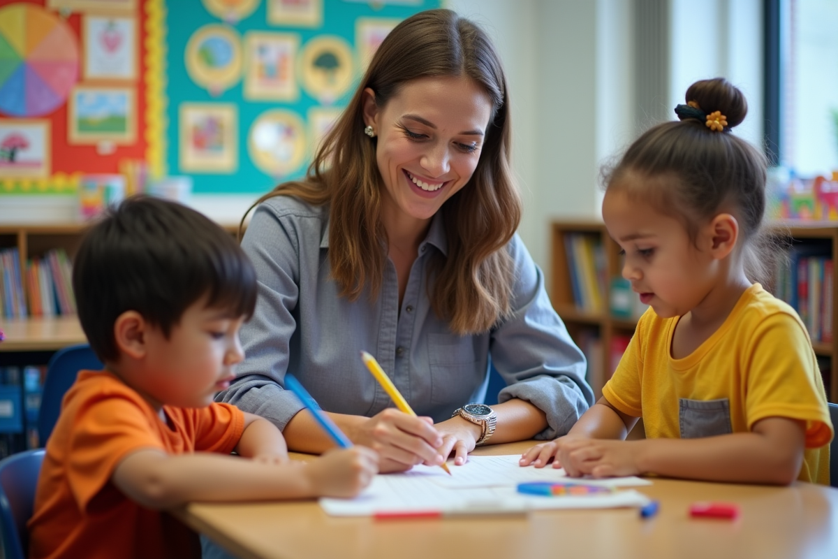 Enseignante aidant deux enfants lors d