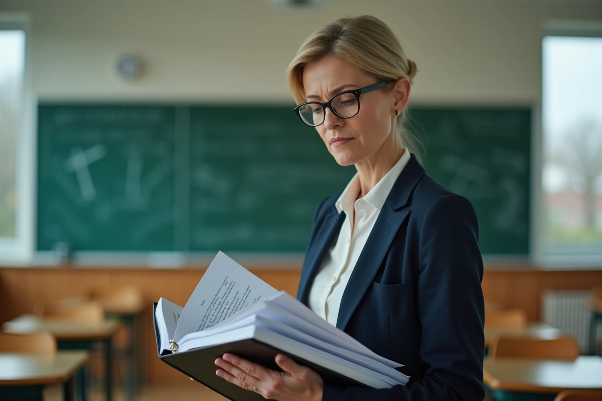 Enseignante consultant un dossier administratif dans une salle de classe vide, illustrant les changements du Pacte enseignant 2026