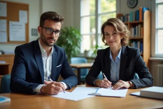 Deux enseignants français au lycée discutant de salaires