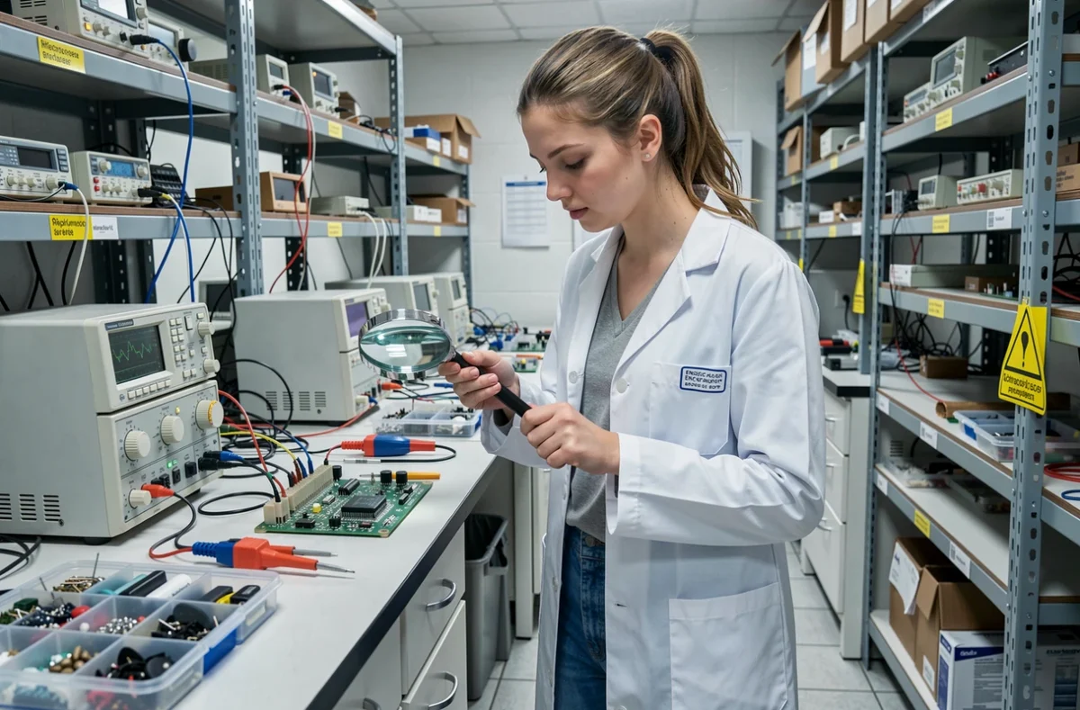 Étudiante en électronique et informatique analysant une carte électronique dans un laboratoire de l'ENSICAEN à Caen