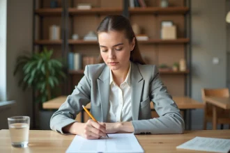 Jeune femme concentrée qui s'entraîne aux tests psychotechniques sur une feuille imprimée dans une salle d'étude moderne