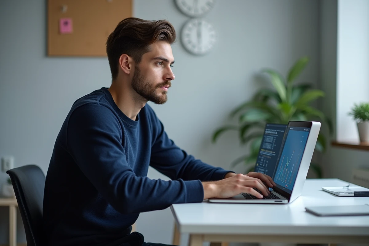 Homme qui s'entraîne aux nouveaux formats de tests psychotechniques 2026 sur ordinateur portable dans un bureau moderne