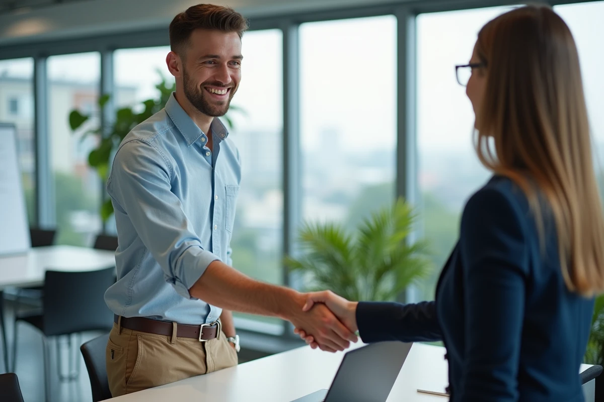 Jeune alternant en entretien d'embauche serrant la main d'un recruteur dans un bureau professionnel moderne