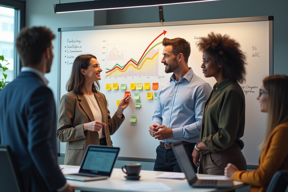 Equipe diverse en réunion avec tableau blanc et graphiques colorés
