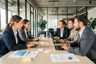 Équipe commerciale réunie autour d'une table de conférence analysant les résultats d'un outil IA pour la performance des ventes